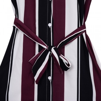 Lady Turn-Down Collar Button Lace Up Long Shirt Dress Women Autumn Winter Long Sleeve Stripe Maxi Dresses Black Purple